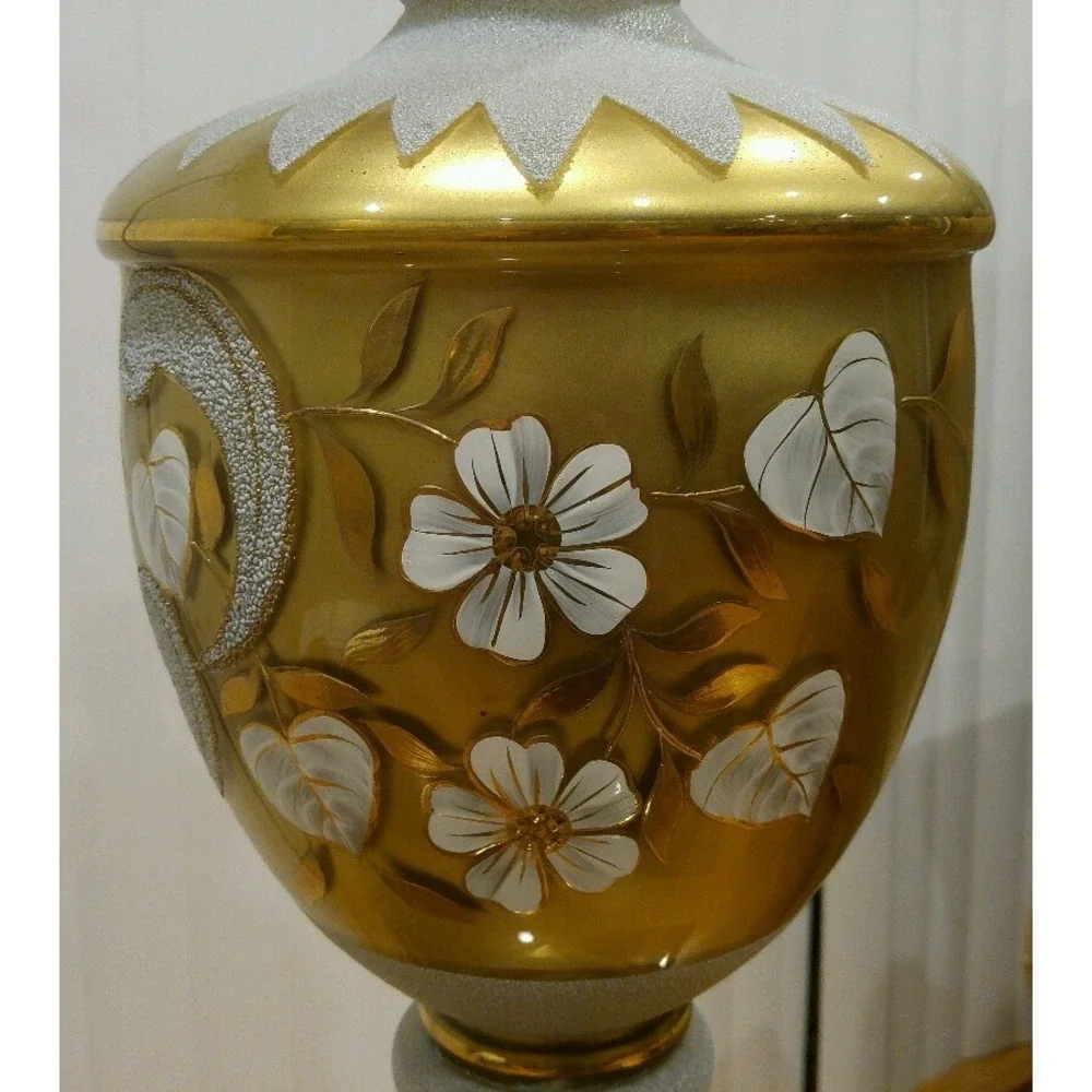 Vintage Gold Colored Glass Floral Pattern Table Lamp Square Brass Base Germany
